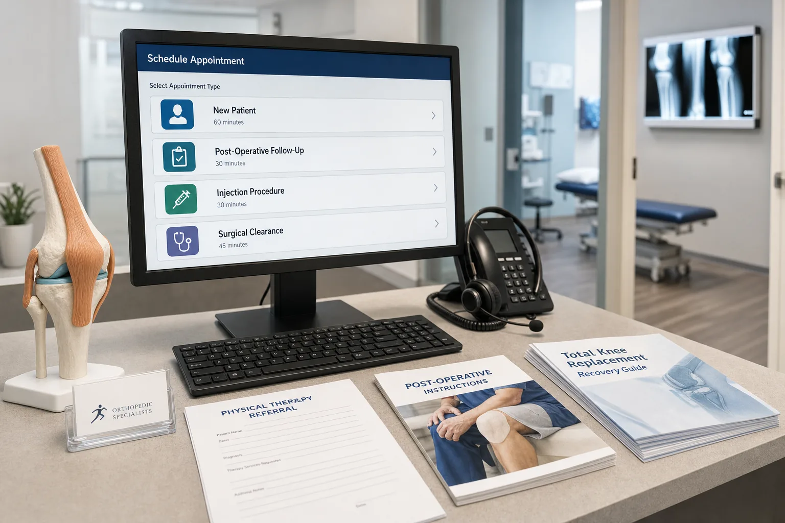 Orthopedic practice scheduling workstation coordinating post-op, injection, and surgical clearance visits