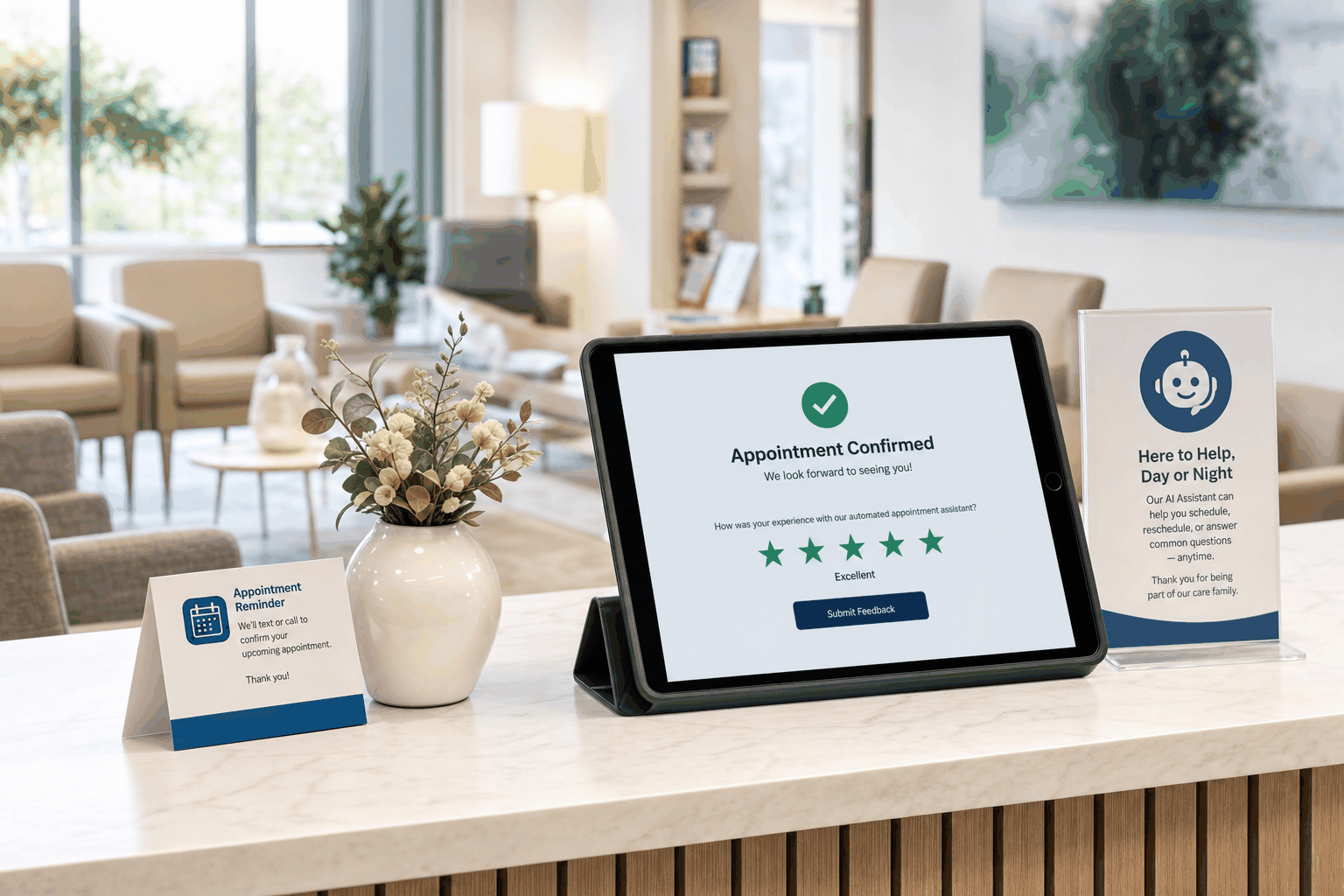 Medical waiting room tablet showing confirmed appointment and positive voice AI patient feedback