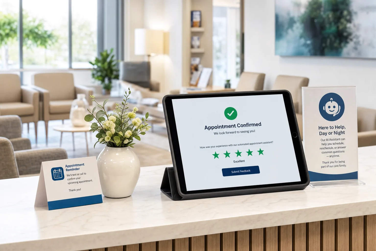 Medical waiting room tablet showing confirmed appointment and positive voice AI patient feedback
