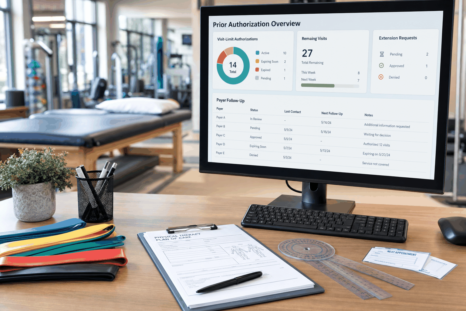 Physical therapy prior authorization desk tracking visit limits and extension requests with AI