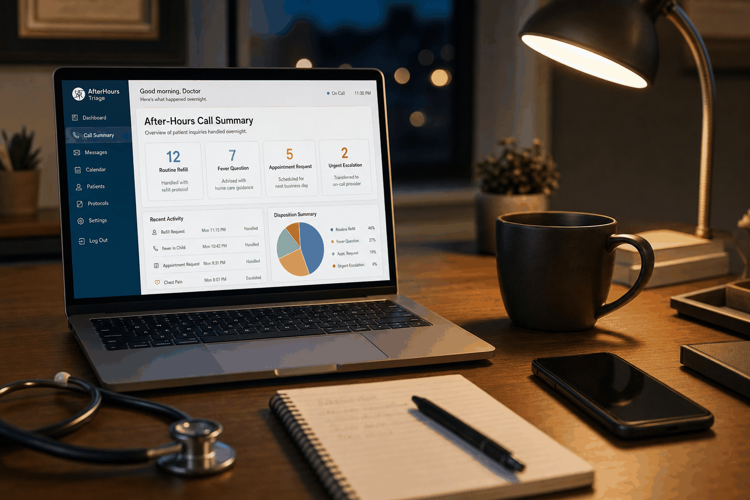 Primary care physician reviewing AI-triaged after-hours calls and escalation summaries