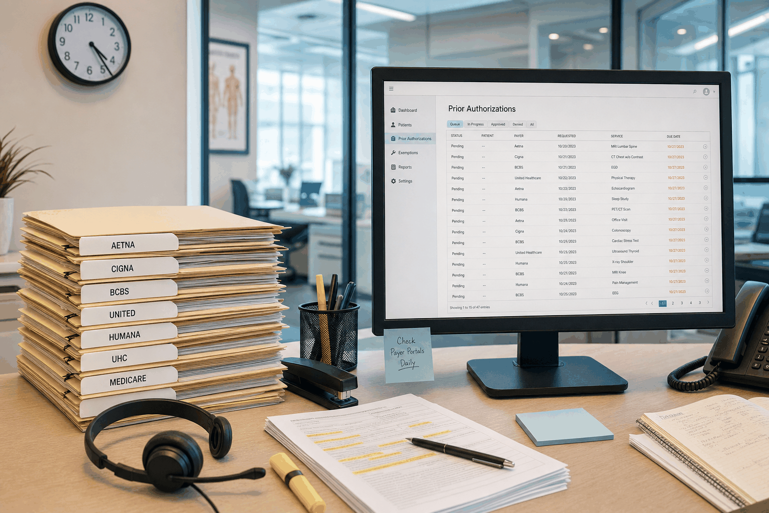 Medical practice prior authorization queue showing payer folders and documentation workload