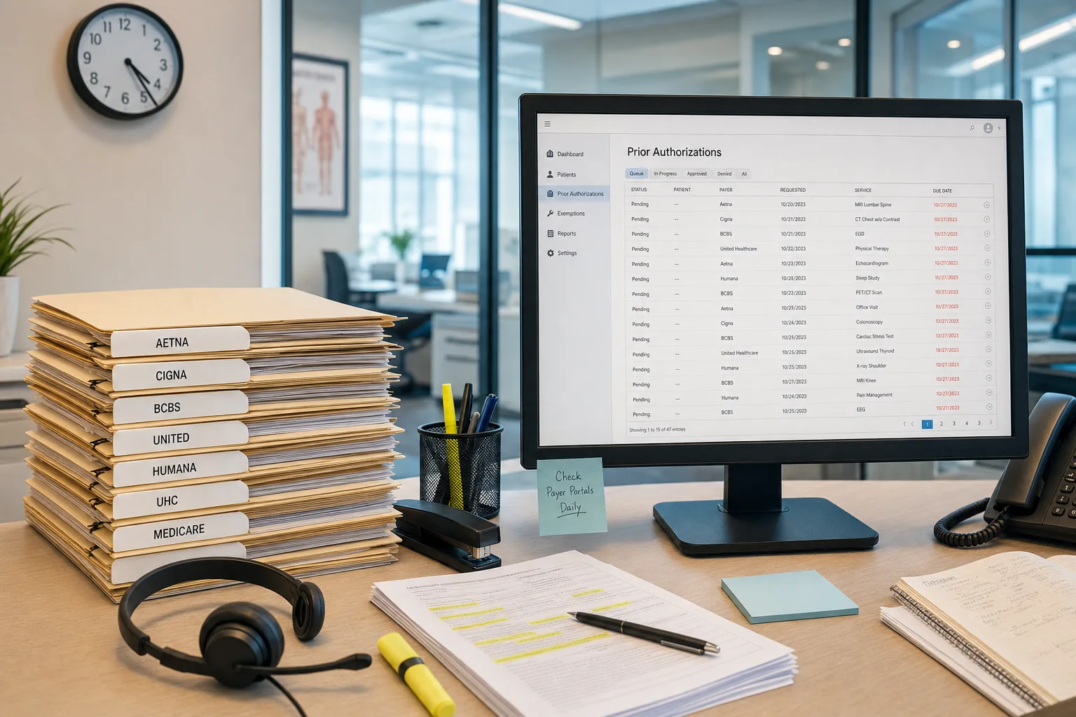 Medical practice prior authorization queue showing payer folders and documentation workload