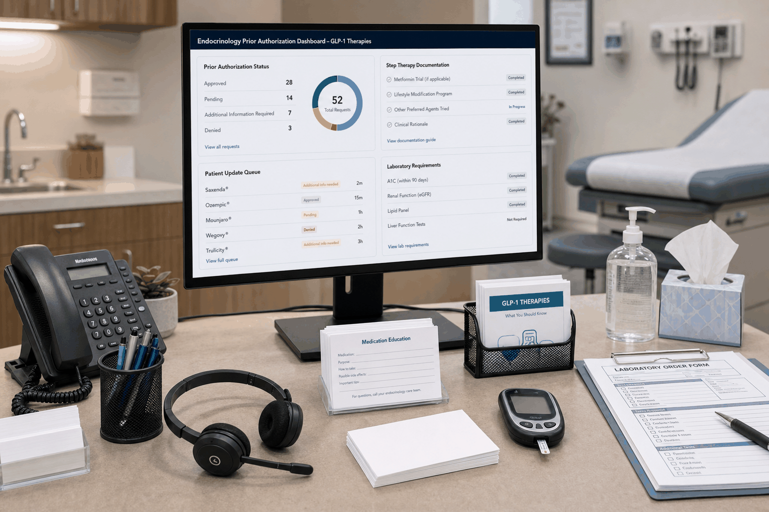 Endocrinology prior authorization workstation managing GLP-1 approvals and documentation with AI