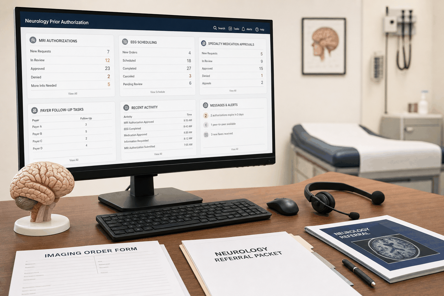 Neurology prior authorization workstation coordinating MRI and specialty medication approvals with AI