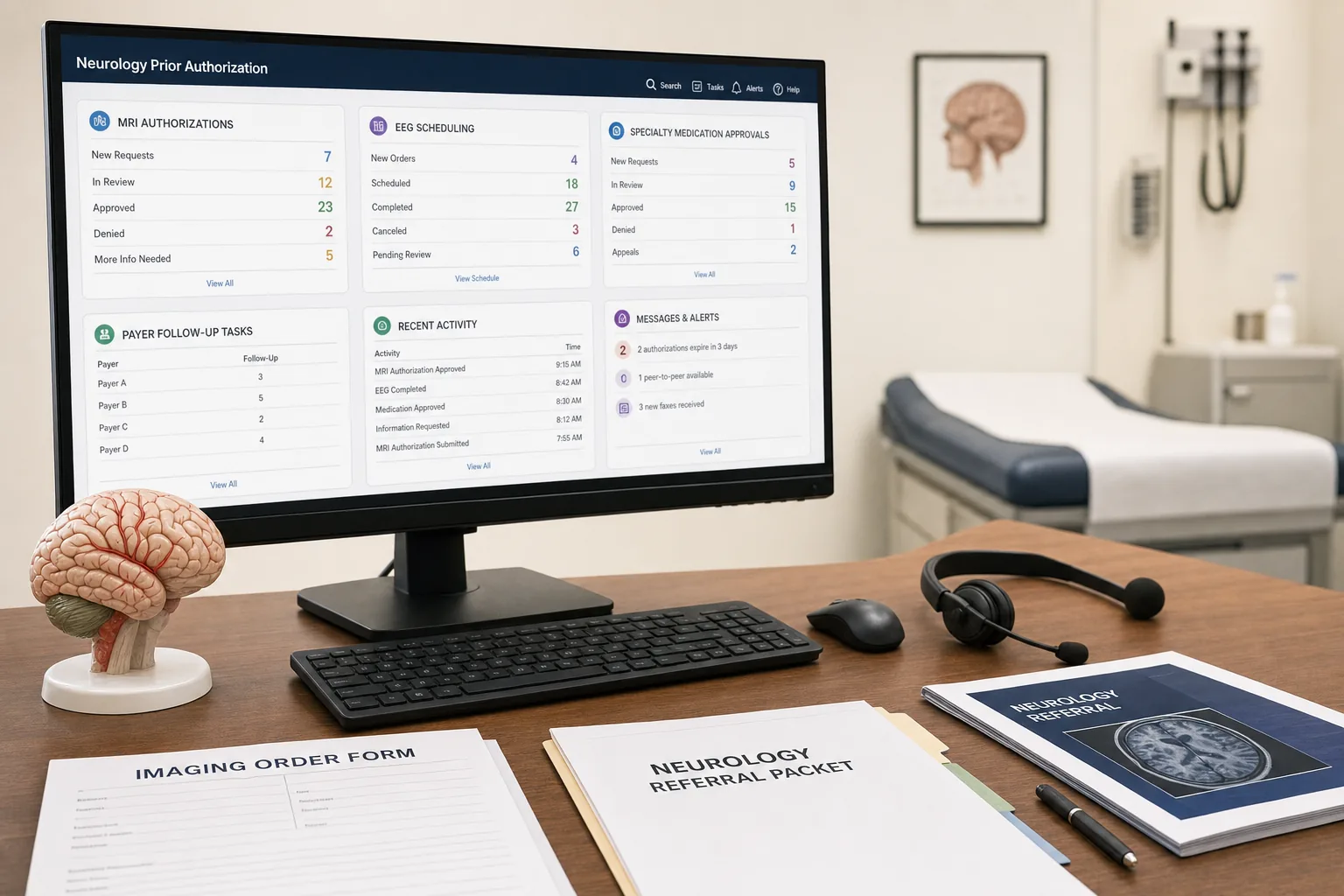 Neurology prior authorization workstation coordinating MRI and specialty medication approvals with AI