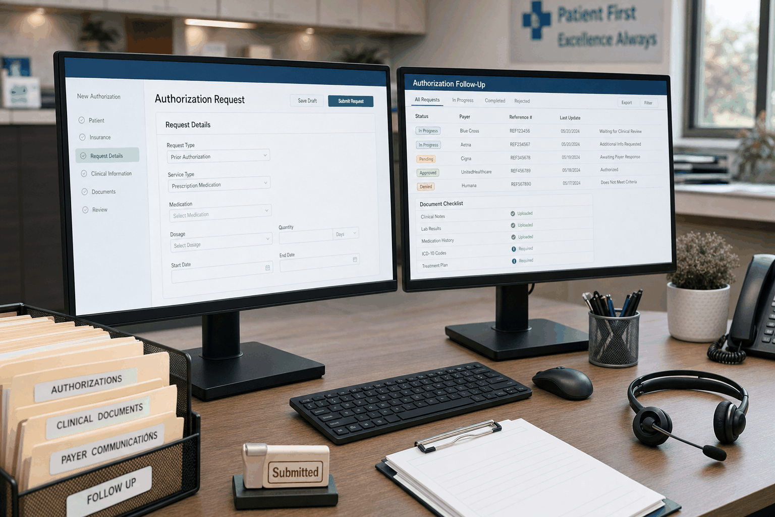Medical practice prior authorization automation workflow with organized payer follow-up dashboard