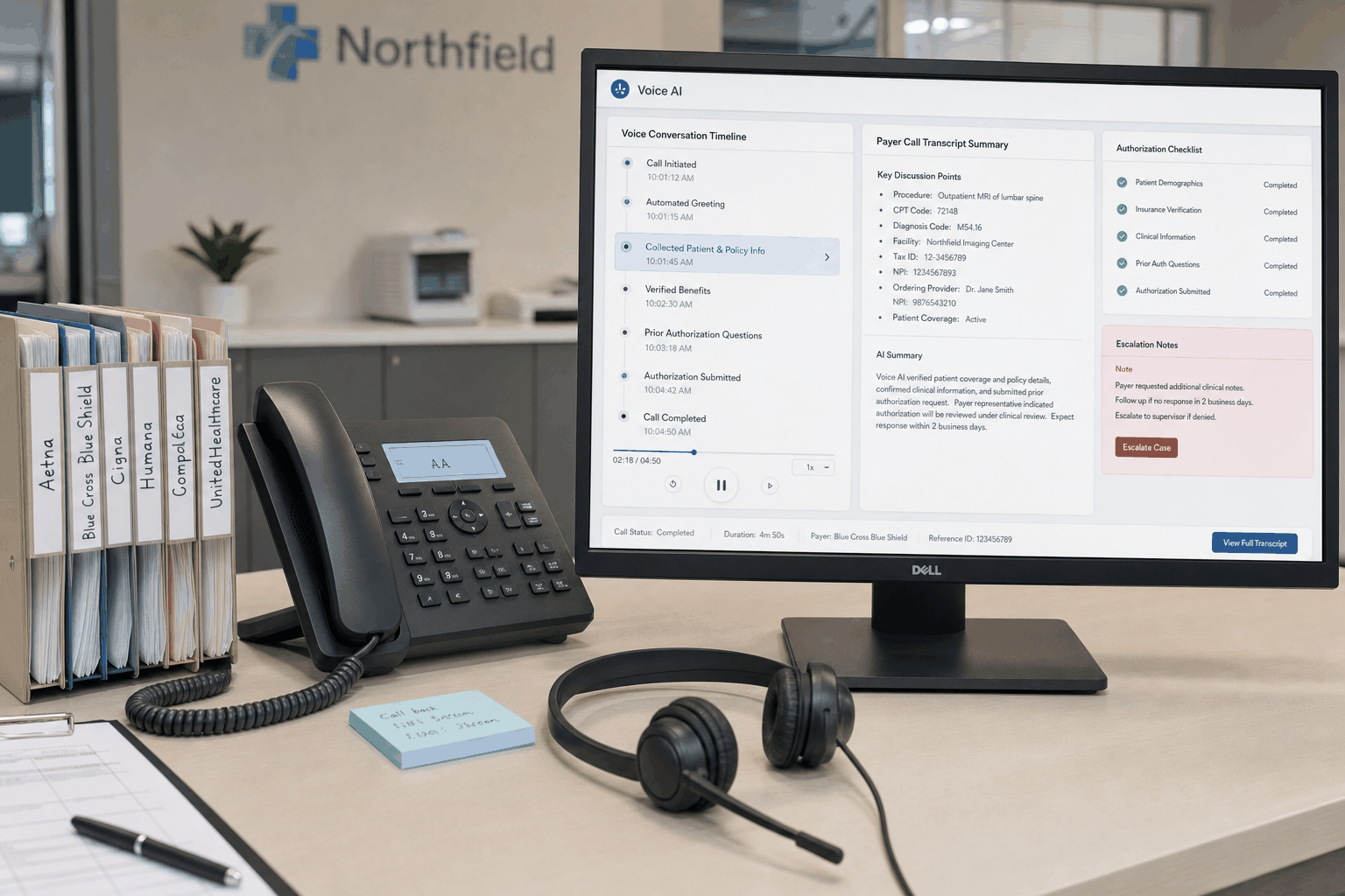 Voice AI prior authorization call workflow showing payer transcript and authorization checklist