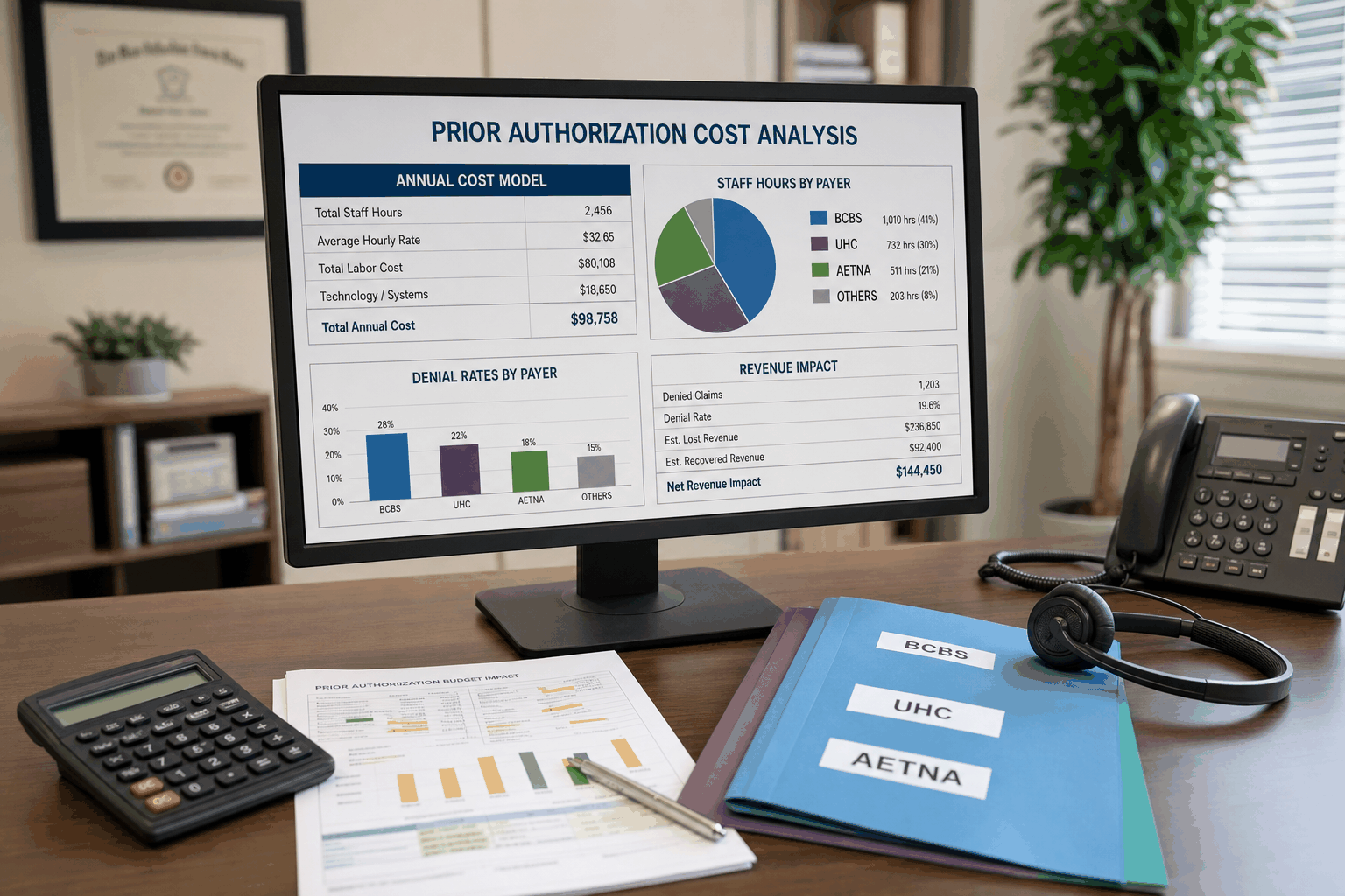 Medical practice prior authorization cost analysis dashboard with payer workload metrics