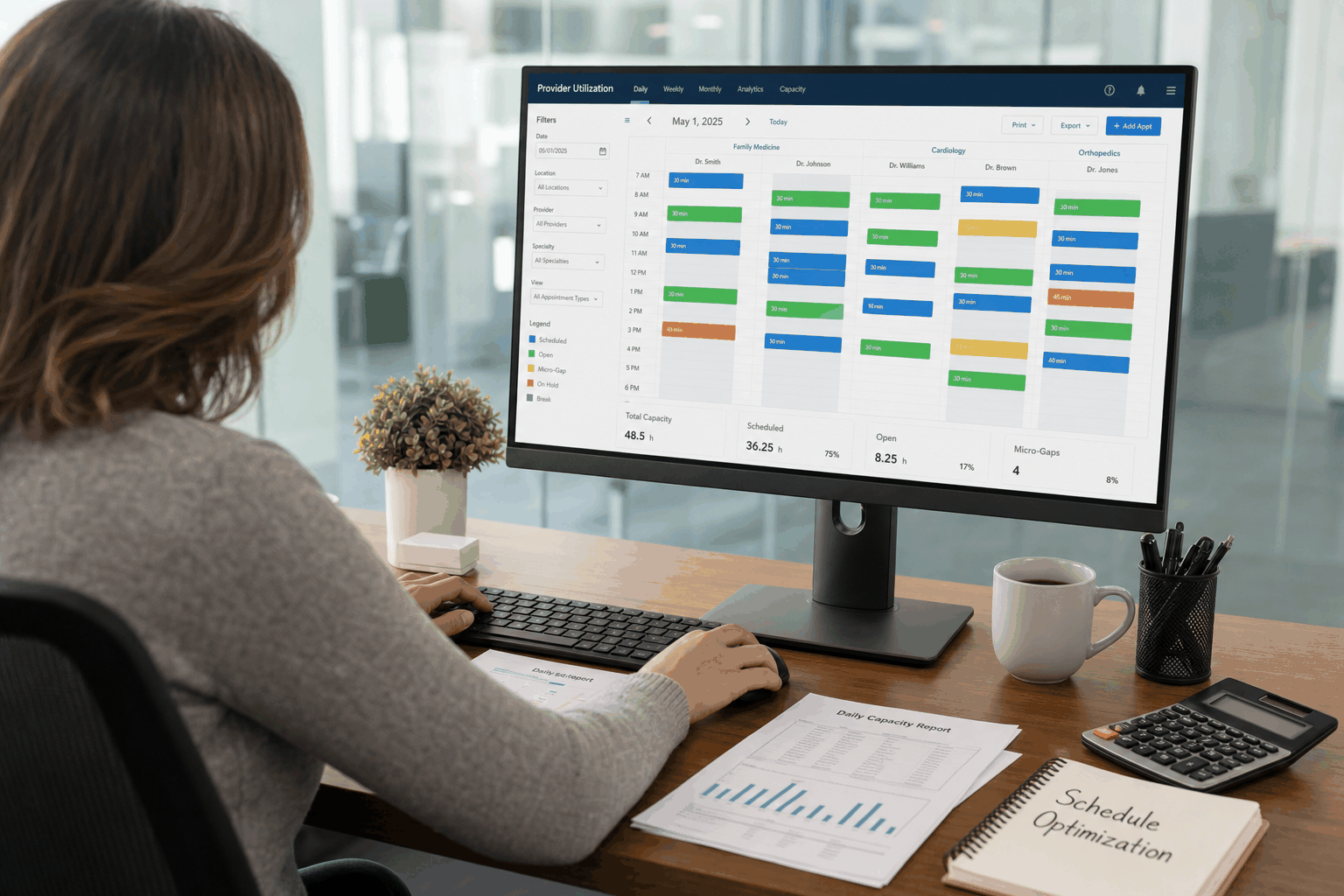 Medical practice administrator optimizing provider schedules with AI capacity dashboard