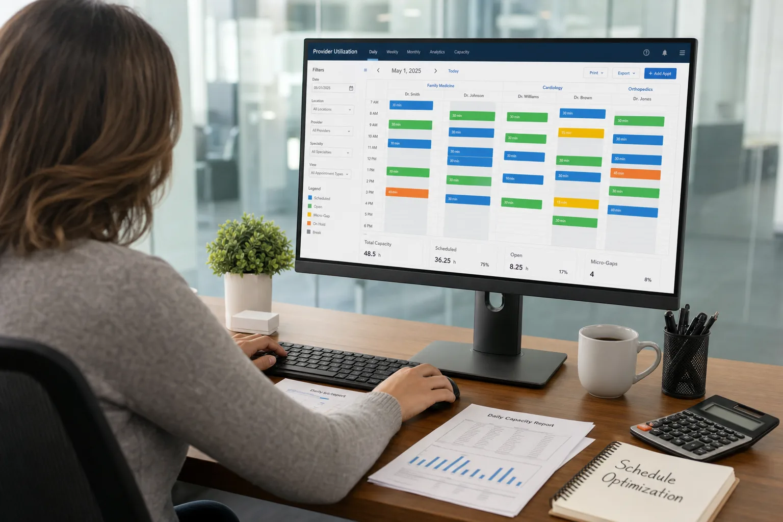 Medical practice administrator optimizing provider schedules with AI capacity dashboard