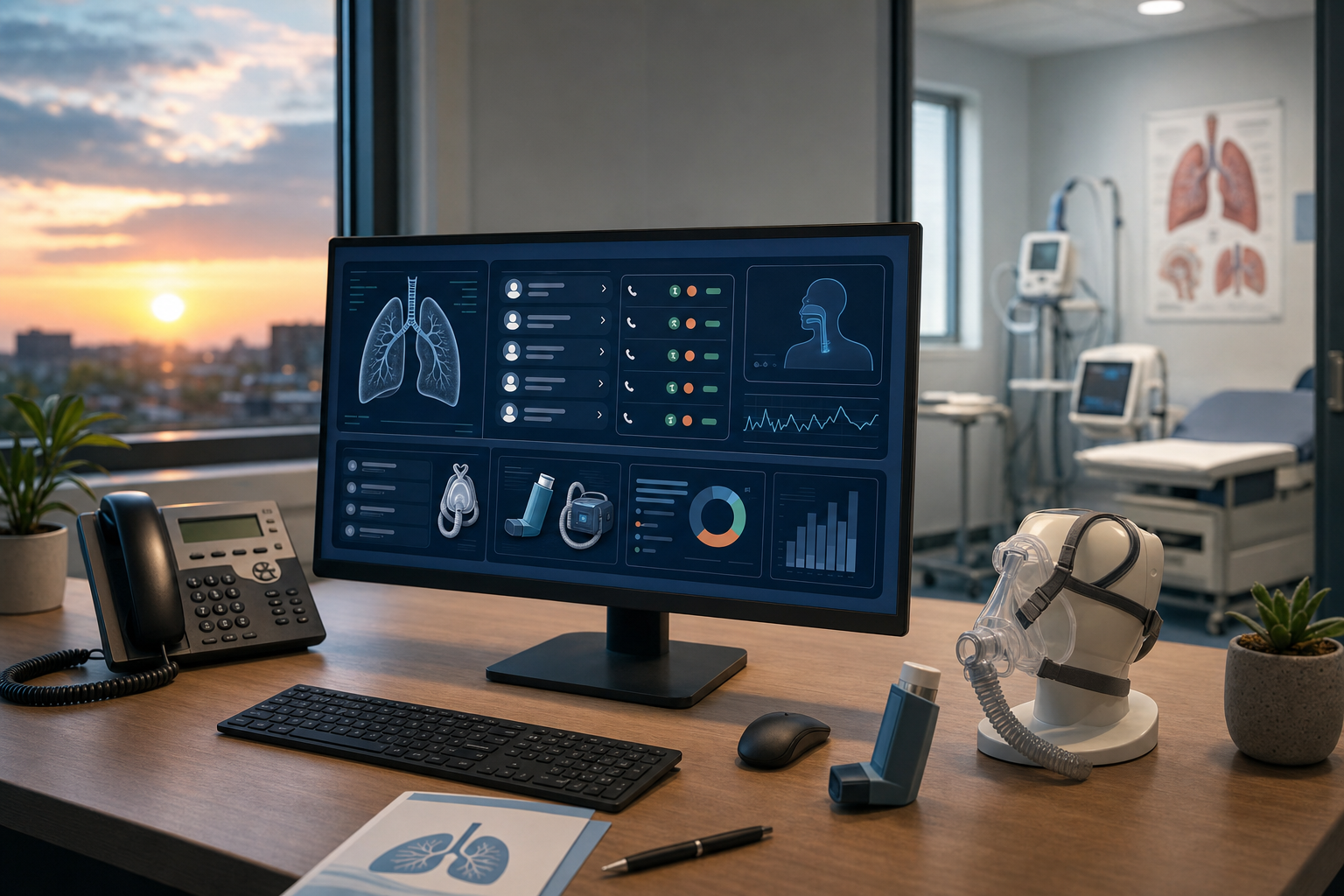 Pulmonology practice after-hours call station with AI voice triage handling respiratory patient questions