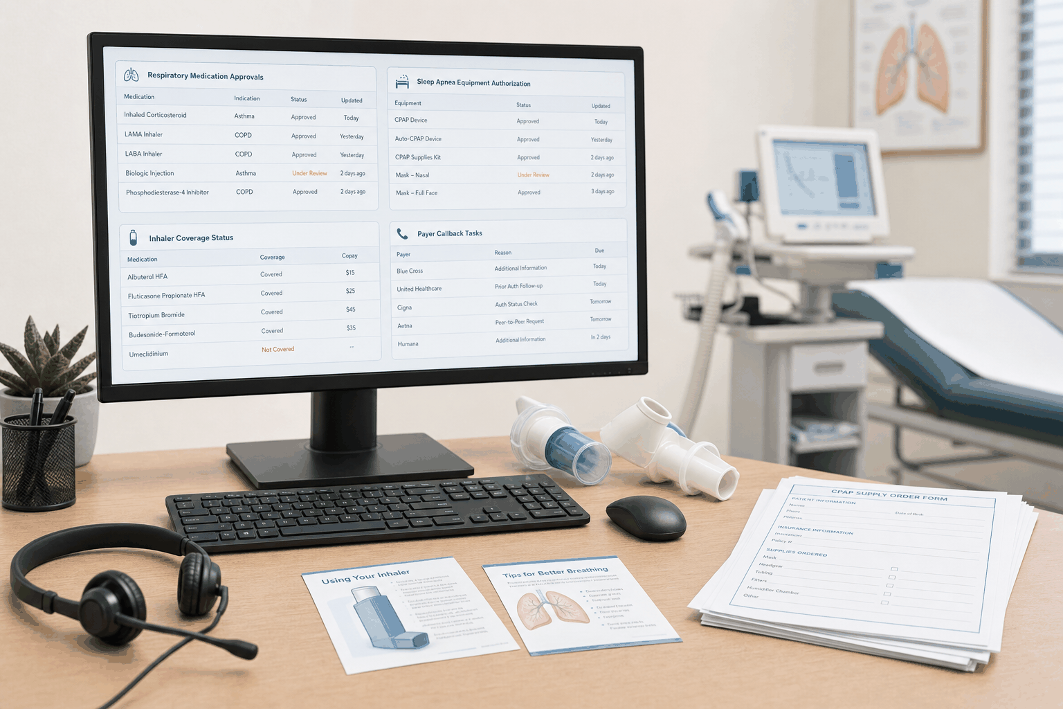 Pulmonology prior authorization workspace coordinating respiratory medication and equipment approvals