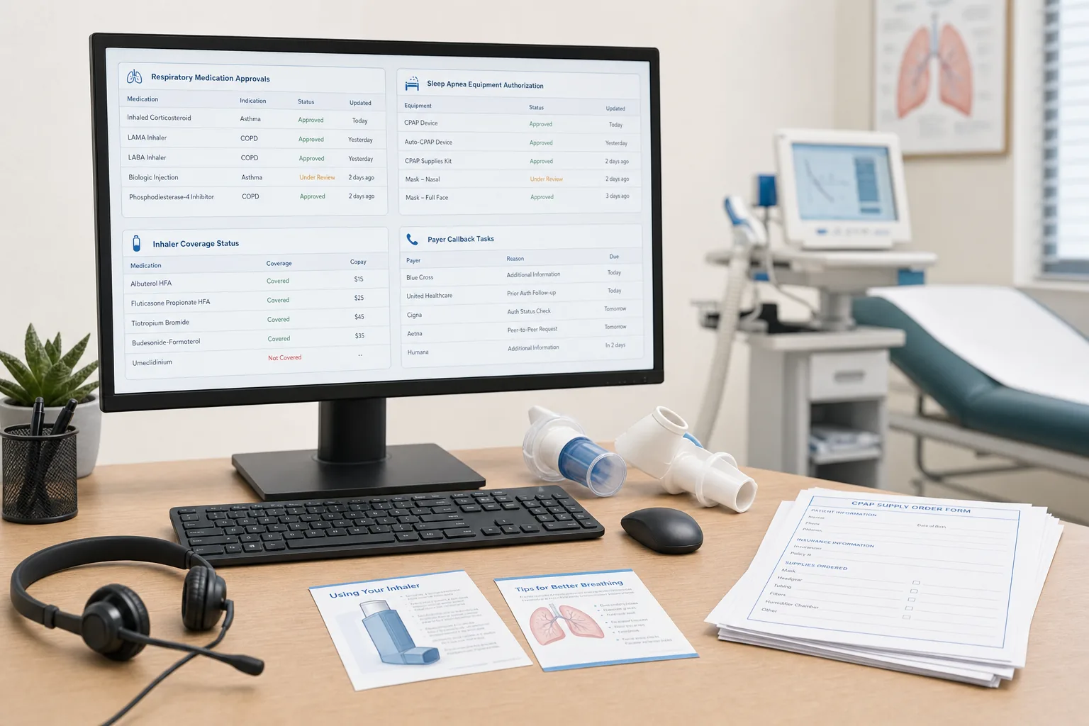 Pulmonology prior authorization workspace coordinating respiratory medication and equipment approvals