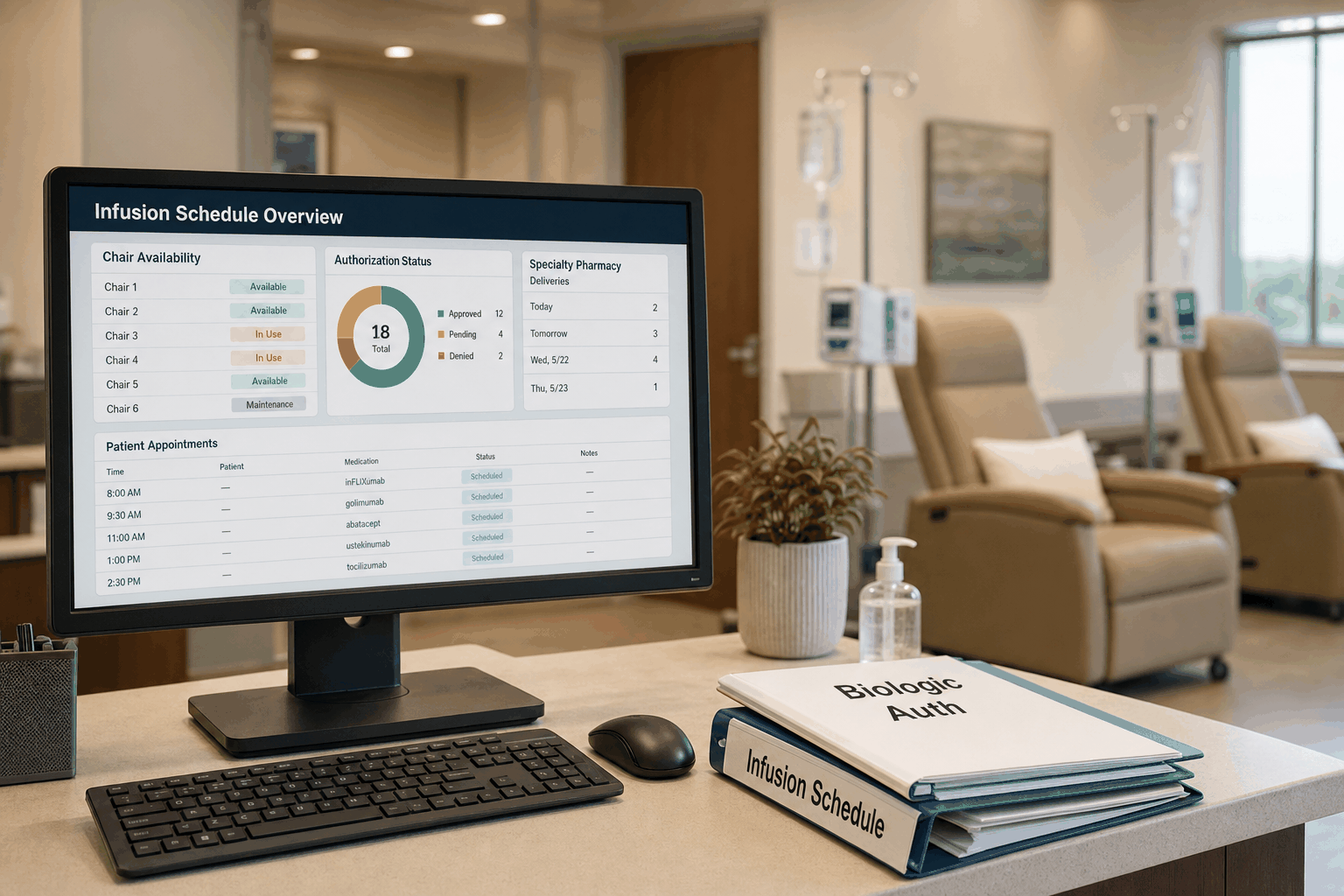 Rheumatology infusion center scheduling station coordinating biologic appointments and approvals