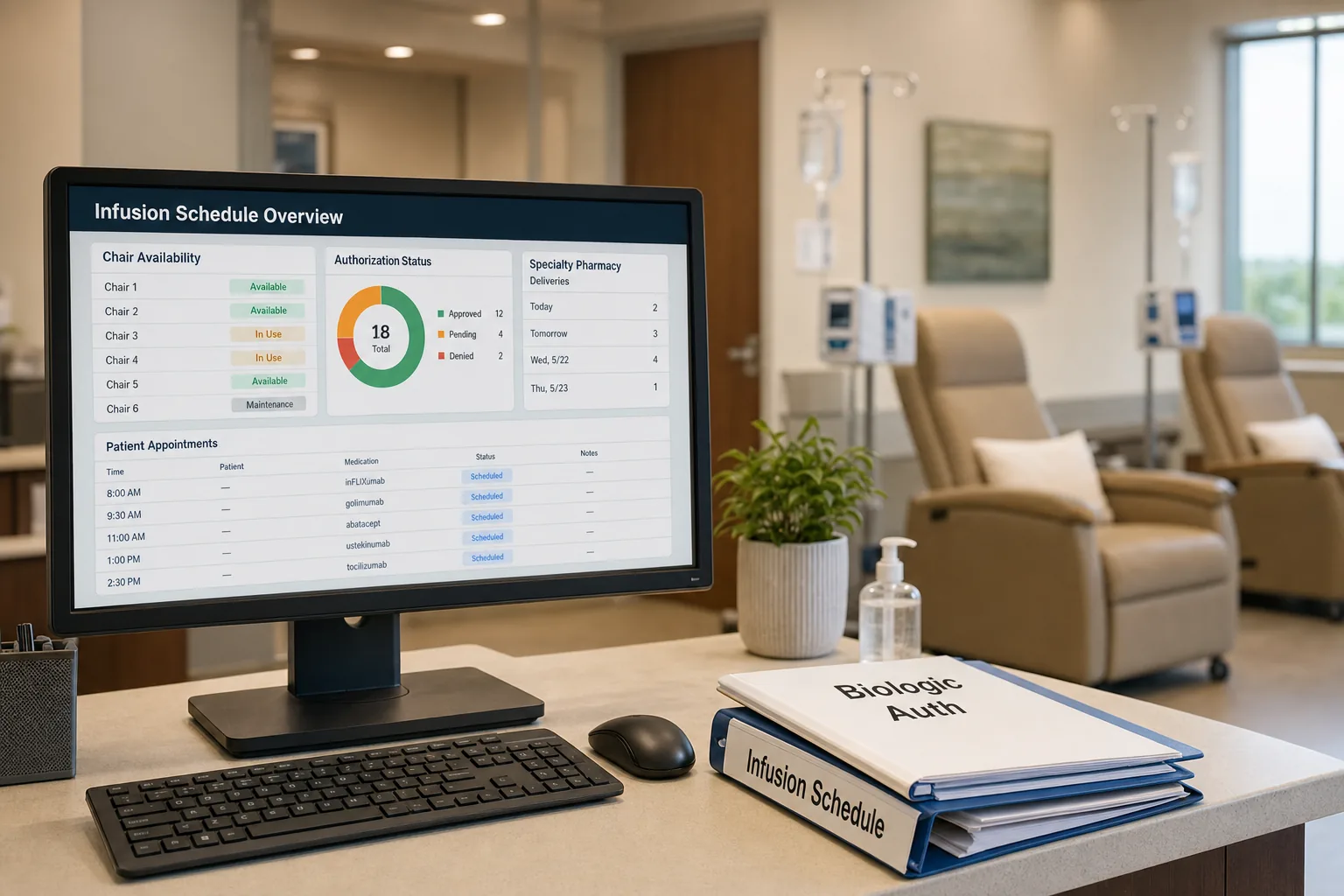 Rheumatology infusion center scheduling station coordinating biologic appointments and approvals
