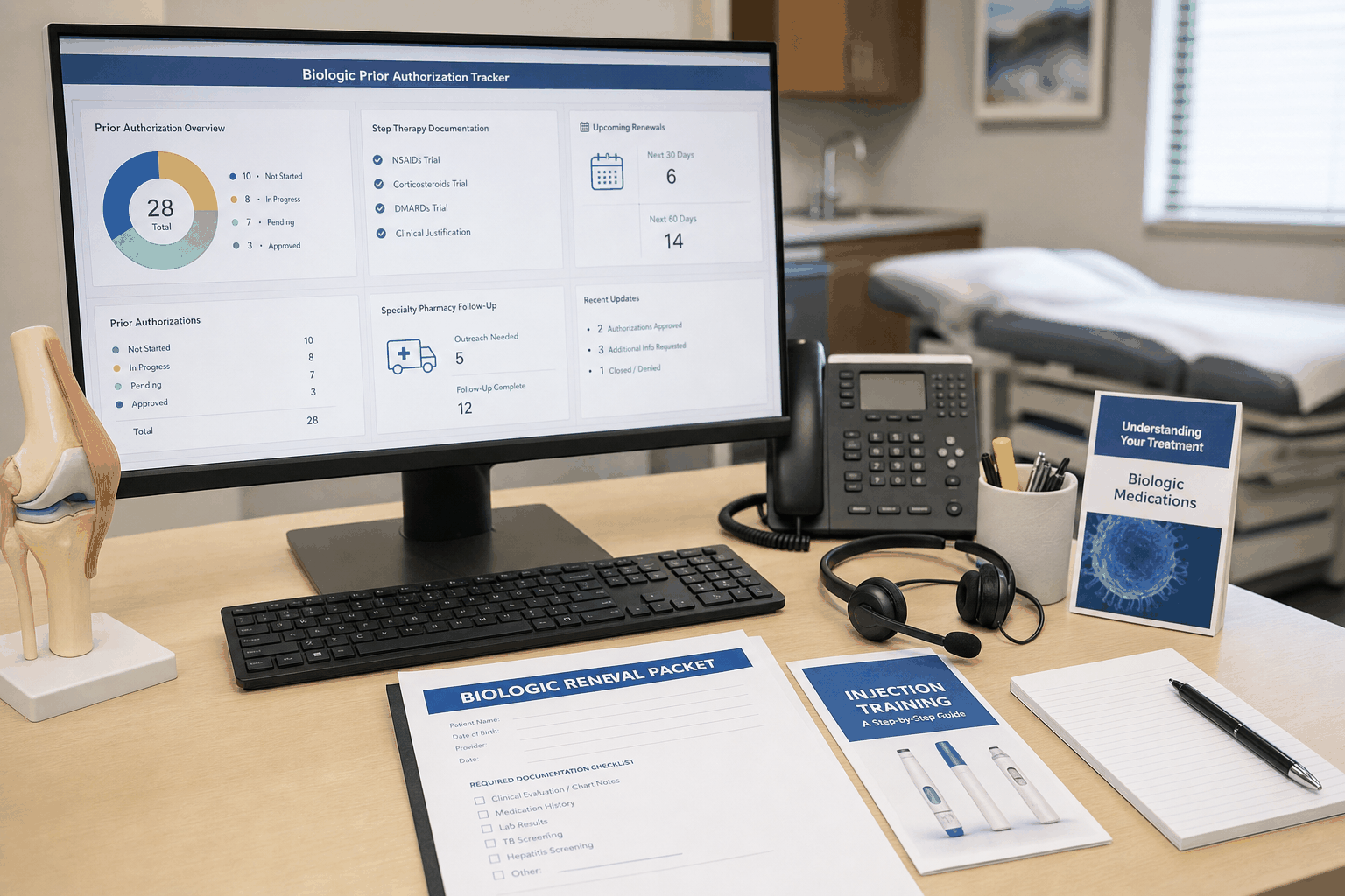 Rheumatology biologic prior authorization desk tracking specialty medication renewals with AI