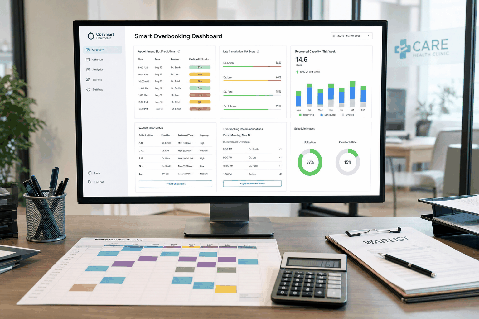 Healthcare scheduling dashboard predicting no-shows and optimizing smart overbooking