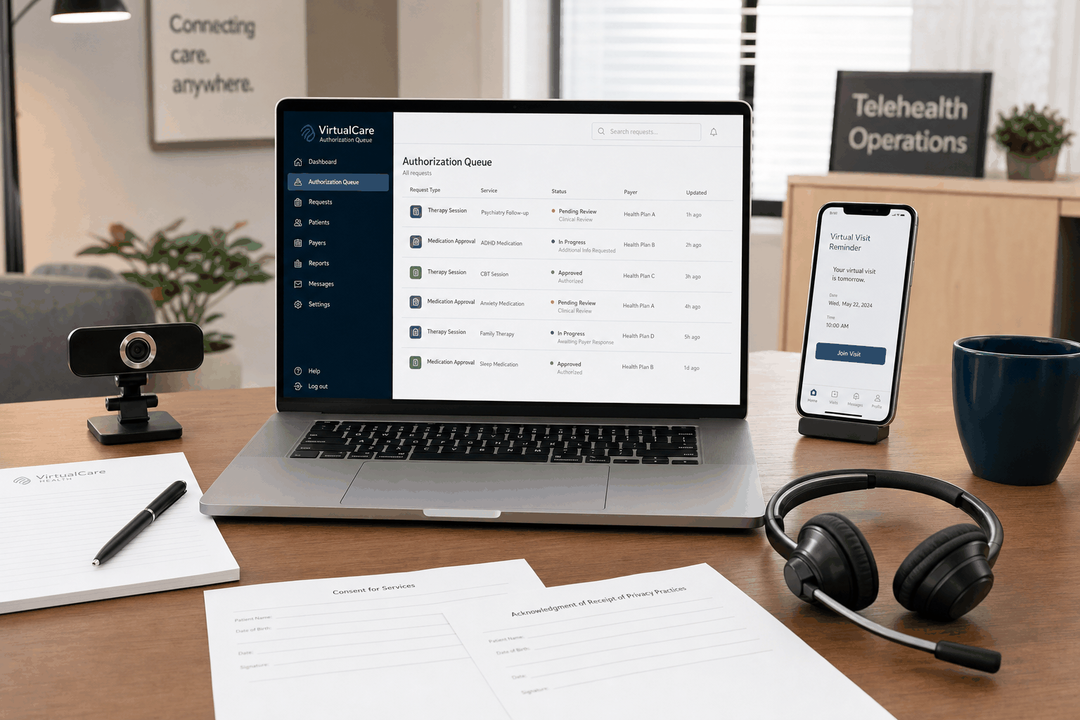 Telehealth prior authorization desk coordinating virtual care approvals and payer follow-up with AI