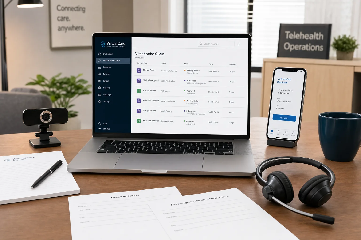Telehealth prior authorization desk coordinating virtual care approvals and payer follow-up with AI