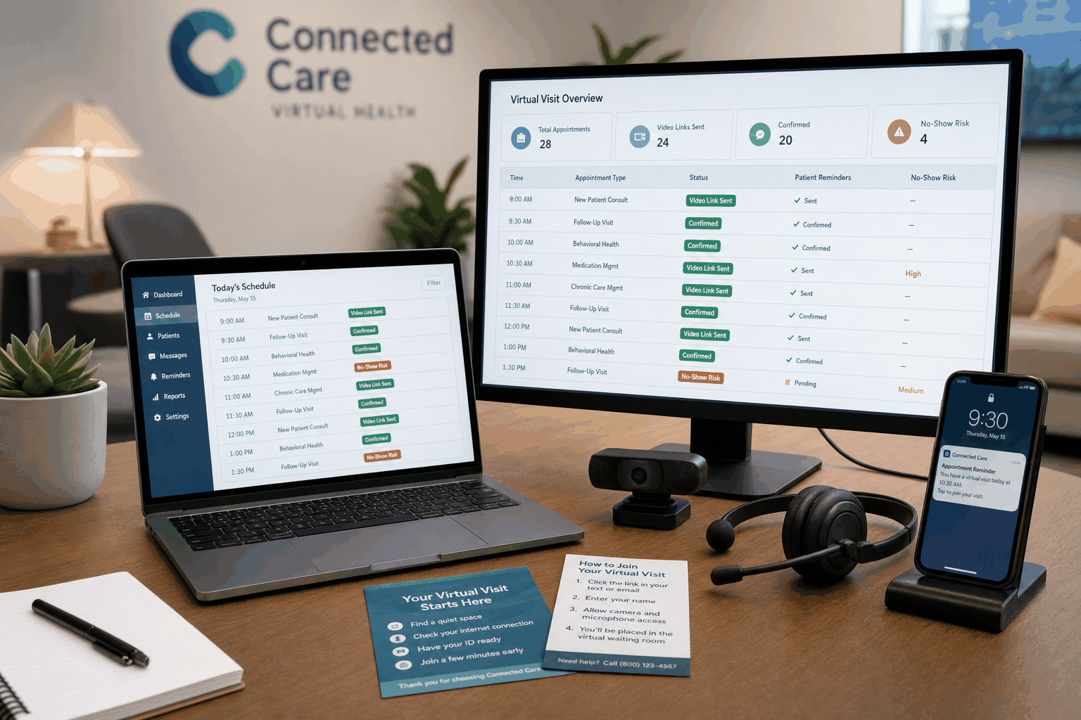 Telehealth practice scheduling desk managing reminders, video links, and no-show risk with AI