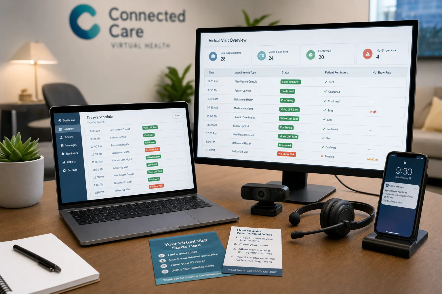 Telehealth practice scheduling desk managing reminders, video links, and no-show risk with AI