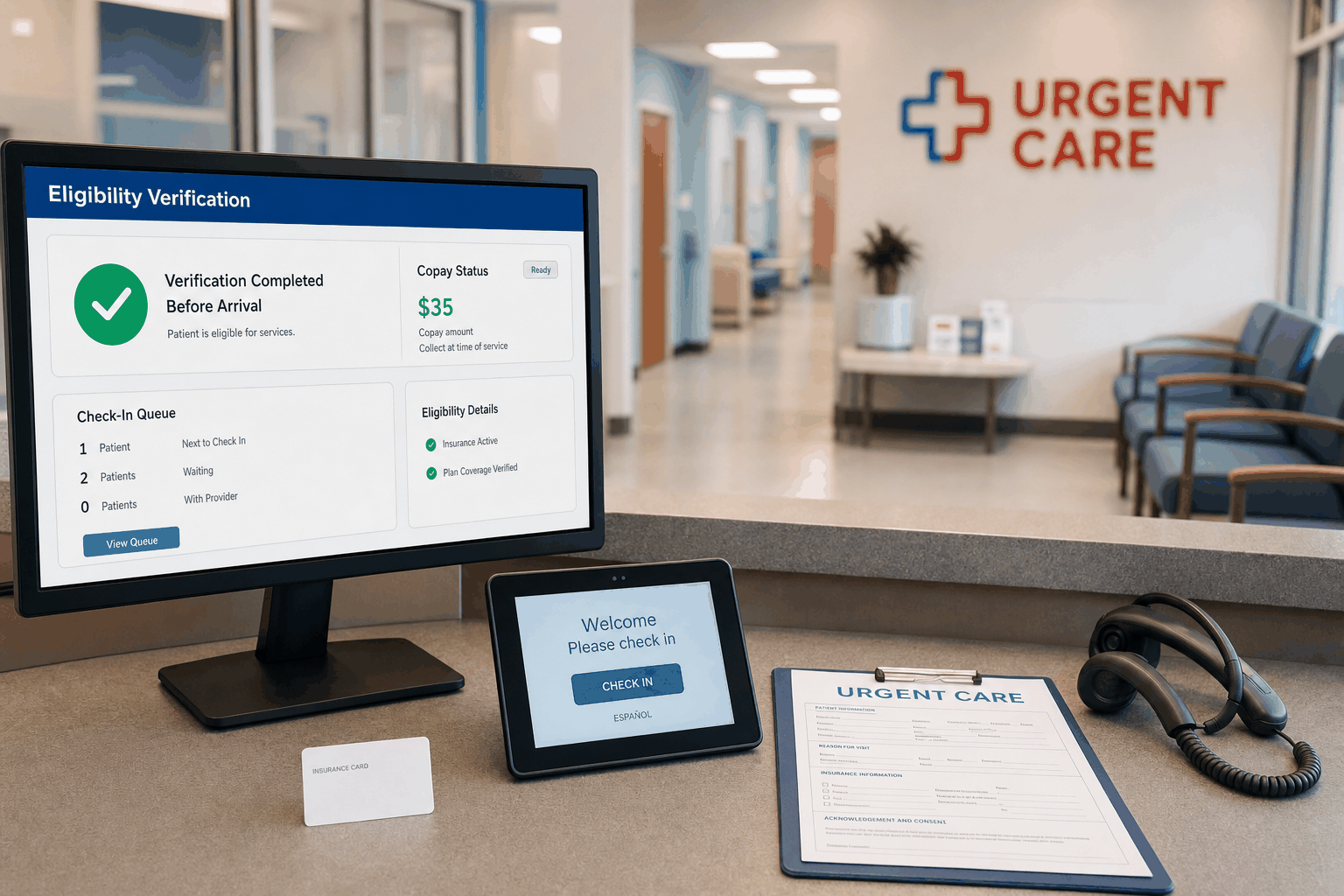 Urgent care front desk verifying insurance before patient arrival with AI assistance