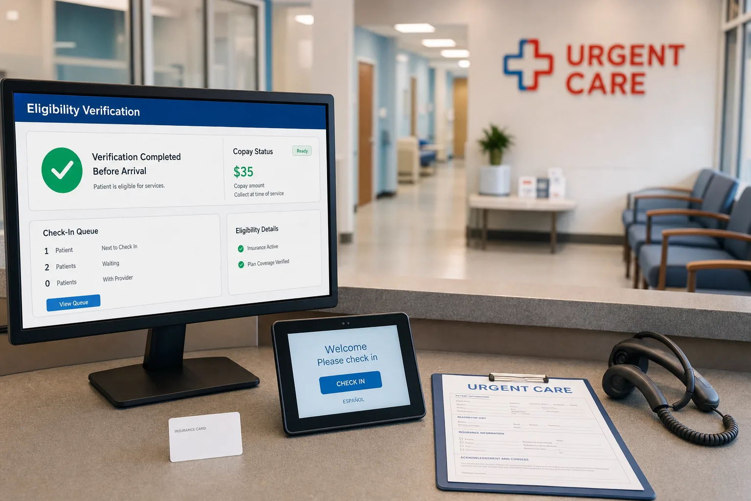 Urgent care front desk verifying insurance before patient arrival with AI assistance