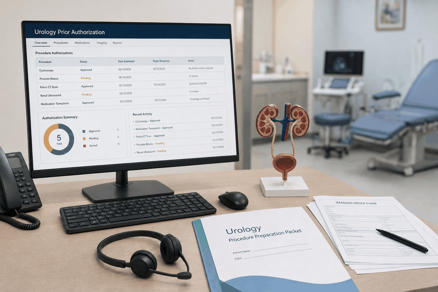 Urology prior authorization workstation tracking procedure approvals and imaging orders with AI