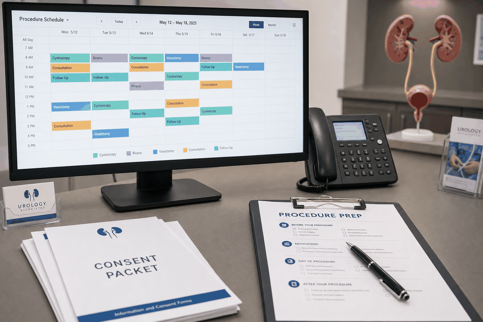 Urology practice scheduling workstation coordinating procedures and follow-up visits