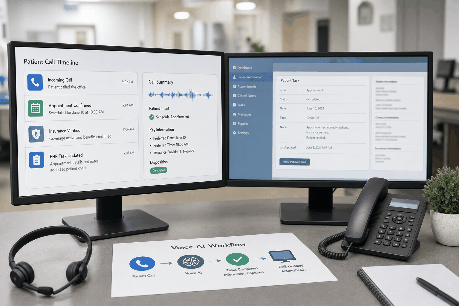 Voice AI workflow integrated with EHR task updates in a medical practice