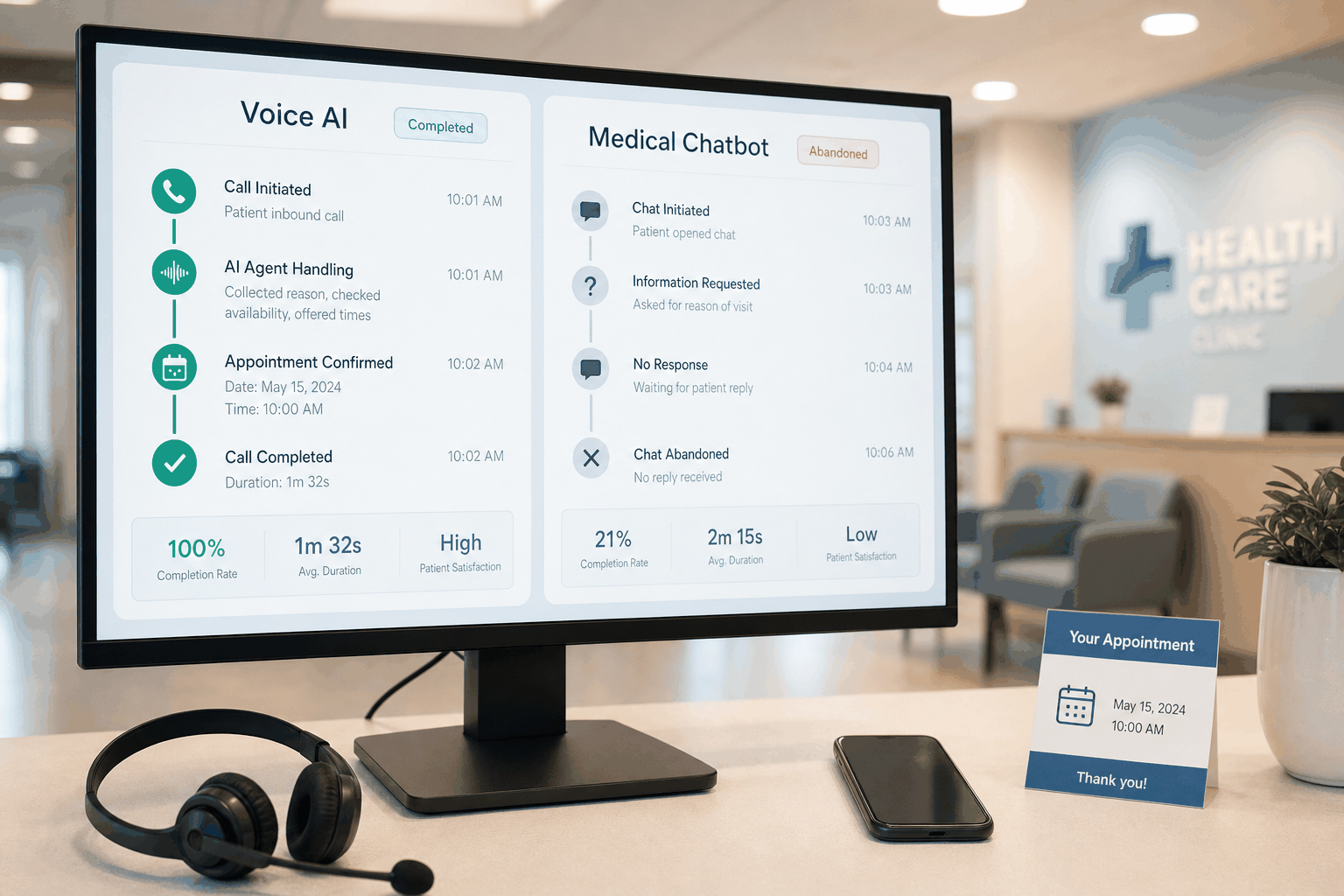 Medical practice comparing completed voice AI appointment flow with abandoned chatbot interaction