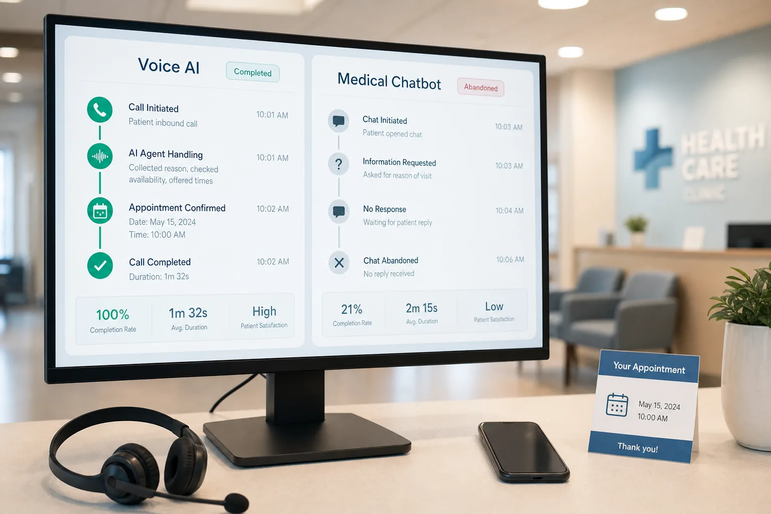 Medical practice comparing completed voice AI appointment flow with abandoned chatbot interaction