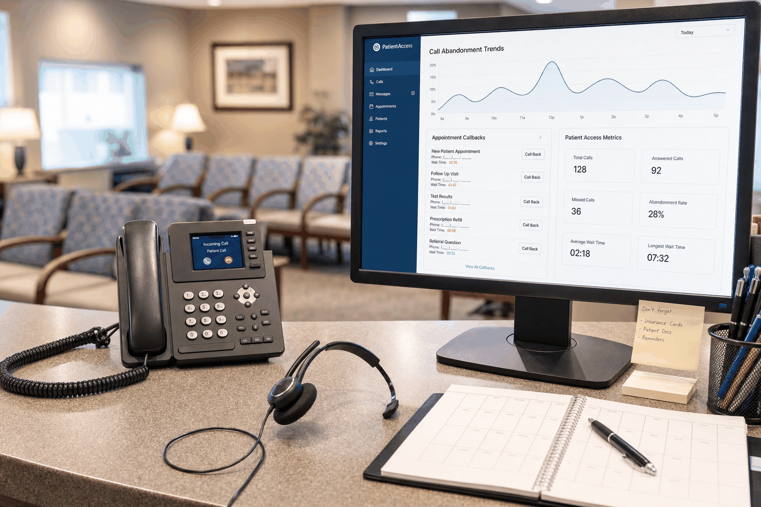 Medical practice call abandonment dashboard showing missed patient calls and callback queue