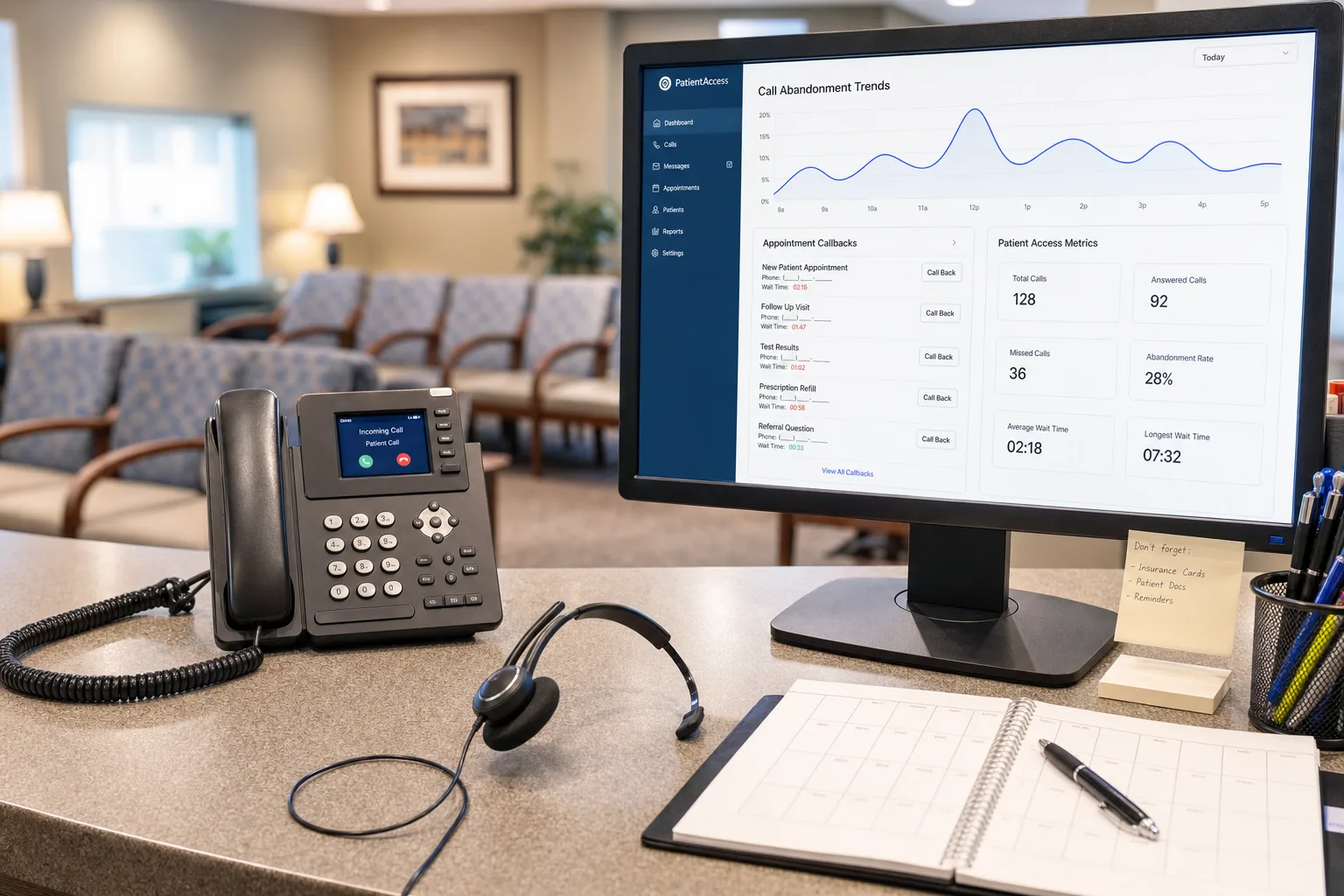 Medical practice call abandonment dashboard showing missed patient calls and callback queue